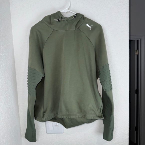 Puma Womens Olive Green Hoodie Pullover Moto Style Sweatshirt Athleisure - Picture 1 of 4